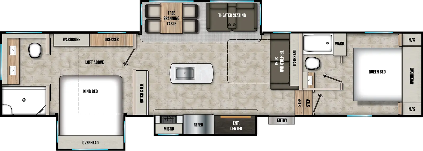 The Phoenix 381DBL floorplan has one entry and three slide outs. Exterior features include: fiberglass exterior and 24' awning. Interiors features include: loft, kitchen island, free-standing dinette option, front bedroom, two bedrooms, rear bathroom and two full bathrooms.